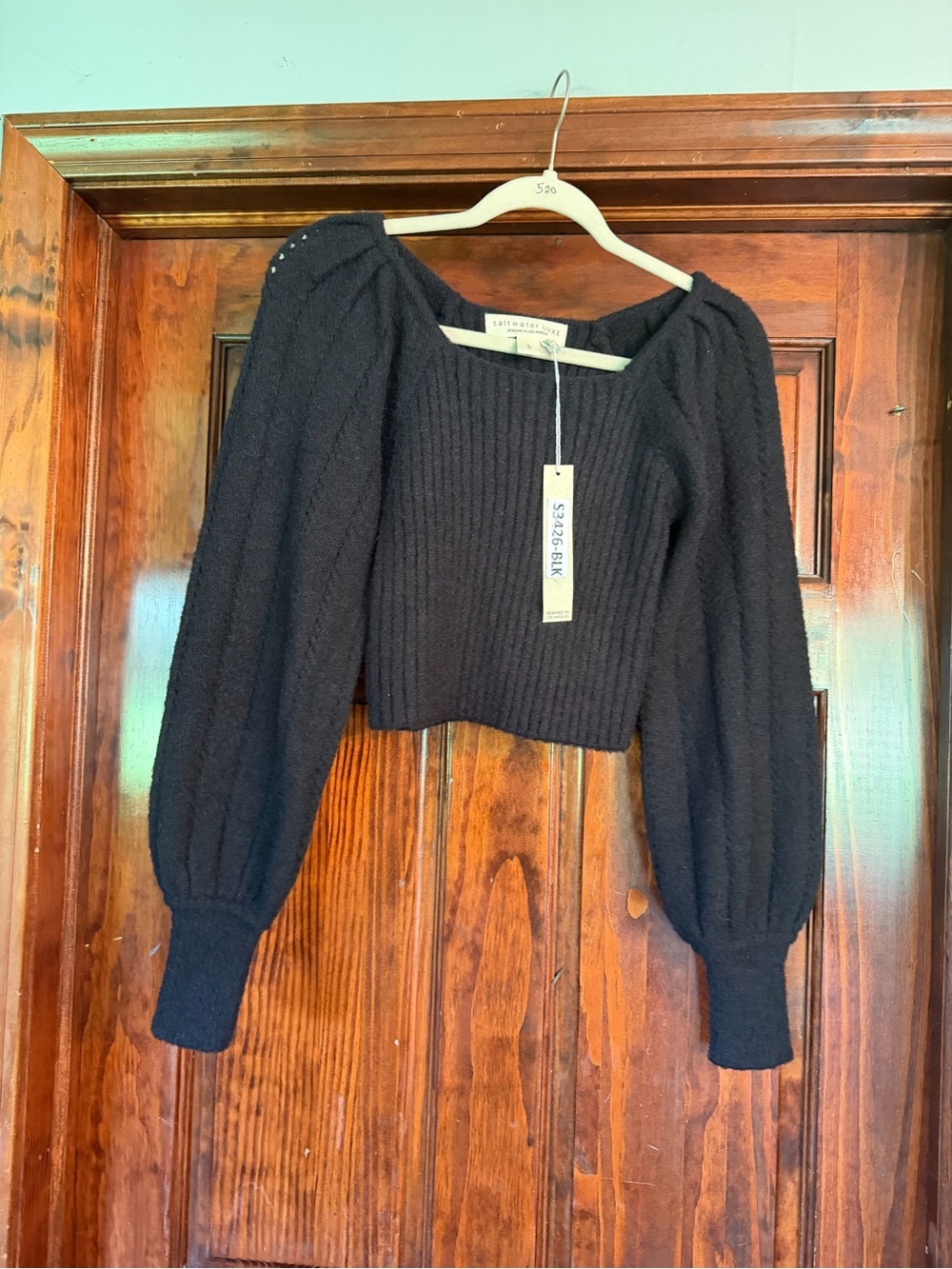 saltwater LUXE Black Off-the-Shoulder Cropped Puff-Sleeve Sweater